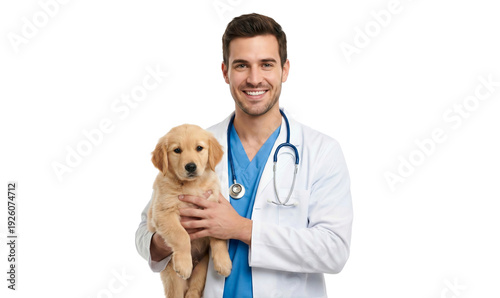 Smiling veterinarian holding a dog isolated on transparent background, PNG