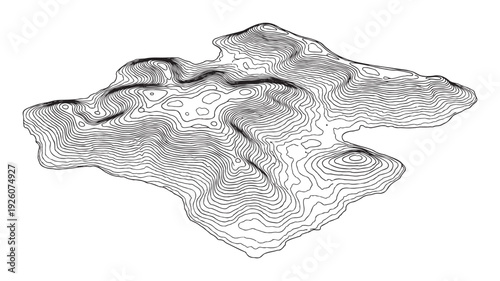 Abstract topographic map featuring numerous black contour lines creating a detailed geographical terrain representation, ideal for scientific and educational visual projects