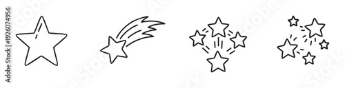Diverse collection of star outline icons including a simple star, a shooting star, and sparkling starburst effects, offering versatile graphic elements for user interfaces, awards, or