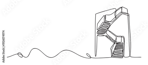 Minimalist continuous line drawing depicting a multistory building interior with complex staircases, perfect for architectural design presentations or modern graphic backgrounds.