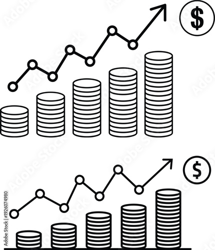 Financial Growth Chart with Coin Stacks and Dollar Symbol, Business Profit Increase, Investment Success Vector Icon Isolated Background