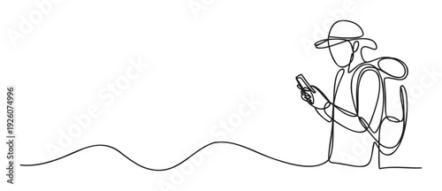 A minimalist traveler with a backpack and hat uses a mobile device for navigation or communication, ideal for travel technology and outdoor activity promotions.