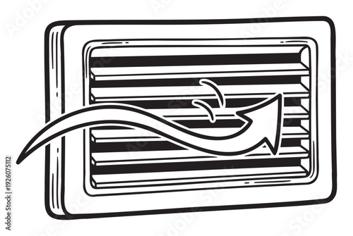 Air vent with an arrow showing airflow, representing climate control and comfort, suitable for technical diagrams, home improvement blogs, and heating or cooling system advertisements.