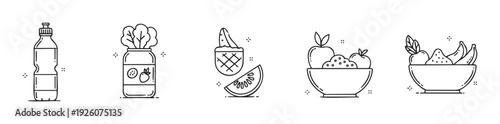 Outline vector icons illustrating healthy food and drink options like water bottle, salad jar, fruit bowls, and watermelon slice for nutrition and diet concepts.