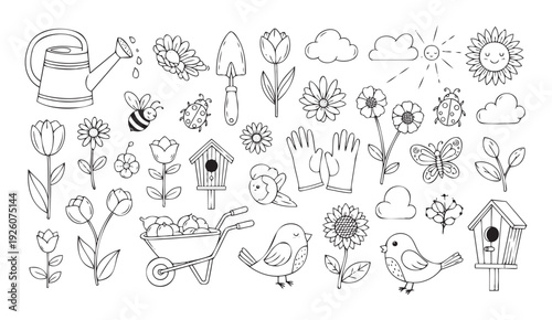 A delightful collection of springtime and gardening related line drawings featuring flowers, insects, tools, and birds, perfect for childrens books, educational materials, or decorative