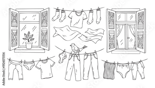 Hand drawn collection of fresh laundry drying on a clothesline with open windows, perfect for home, childrens books, or simple graphic applications