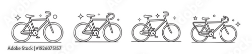 Collection of simple line art bicycle icons featuring different styles and sparkling elements, perfect for web graphics, app icons, or transportation themes