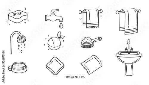 Comprehensive collection of hygiene and personal care routine line icons depicting soap, shower, sink, faucet, towels, and brushes for health education and daily wellness applications