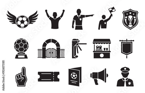 Soccer football game event icon set for sports fan related stadium activities and championship tournament celebration concepts for various graphic design projects