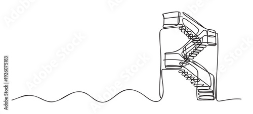 Minimalist one line drawing of a complex architectural structure featuring multiple intertwined staircases, symbolizing connection and upward movement, ideal for modern design applications