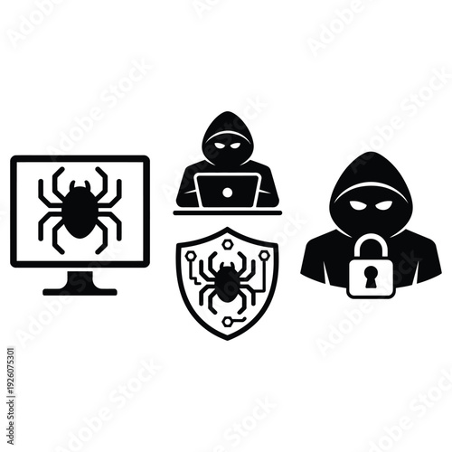 Cybersecurity icon set with hacker silhouette, malware bug, shield and padlock for protection