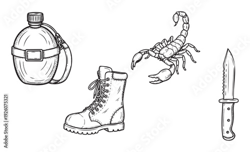 Essential equipment for outdoor adventures and survival scenarios including a durable canteen, sturdy combat boot, dangerous scorpion, and reliable survival knife