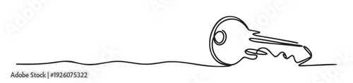 Minimalist continuous line drawing of a key symbolizing access, security, and solutions, perfect for business presentations, property concepts, and innovative ideas