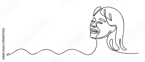 Minimalist continuous line drawing of a womans profile looking up with a serene expression, perfect for modern posters, social media graphics, and contemporary branding projects