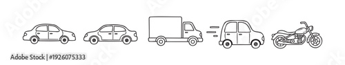 A collection of various hand drawn line art vehicles including sedans, a truck, and a motorcycle, perfect for graphic assets, applications, or educational materials