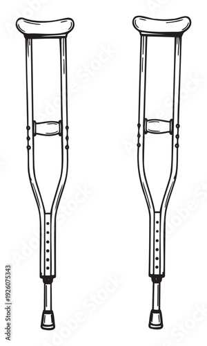 Pair of medical crutches for physical support and mobility assistance, useful for healthcare information materials, rehabilitation awareness, or injury recovery promotions