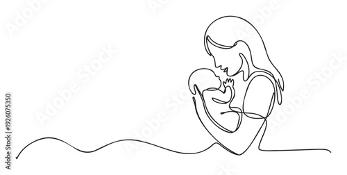 Continuous line drawing of a mother embracing her newborn baby, symbolizing maternal love and bonding, perfect for emotional and familyrelated content.