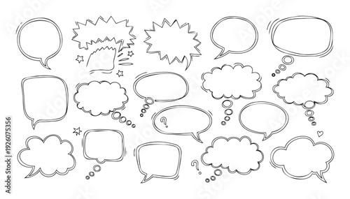 Collection of handdrawn comic book style speech and thought bubbles featuring various shapes, jagged lines, and circles for enhancing visual storytelling and graphic communication projects