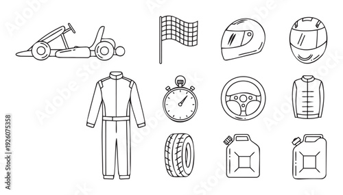 Go kart racing equipment and accessories line icons set including vehicle helmet flag stopwatch tire fuel cans and steering wheel for sport themed graphic designs and app interfaces