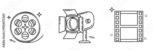 Graphic outline vector icons illustrating essential cinema equipment such as a film reel, a powerful studio spotlight, and a movie film strip, ideal for entertainment branding, video