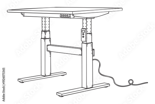 Modern height adjustable desk line drawing for ergonomic office and home workspace solutions promoting health and productivity ideal for furnishing layouts and professional environments