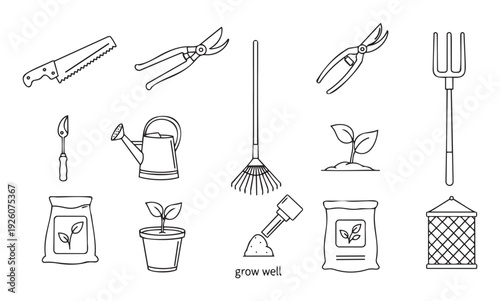 Comprehensive collection of essential gardening tools and plant care items perfect for horticultural projects and sustainable farming activities