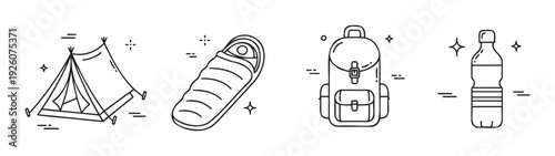 Camping and hiking equipment collection featuring a tent, sleeping bag, backpack, and water bottle, perfect for outdoor adventure branding, travel agency promotions, and wilderness activity