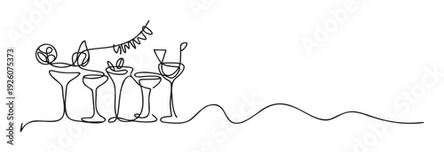 Minimalist one line drawing of cocktail glasses with festive decorations for party invitations and celebratory event promotional materials