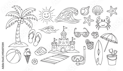 A comprehensive collection of handdrawn beach and summer vacation elements including sun waves sandcastle and various accessories perfect for holidaythemed projects and seaside resort