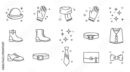 Essential apparel accessories vector outline symbols for clothing guides, wardrobe planning, seasonal attire collections, and stylish garment related graphic applications.