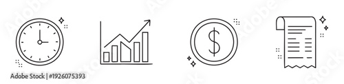 Essential line icons for business and finance a clock, growth chart, dollar coin, and receipt, suitable for financial planning, investment apps, time management, and expense tracking