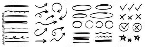 Arrow, underline, circle frame marker line set. Line marker hand drawn pen brush stroke sketch arrow, circle, highlight element. Doodle check, cross, star frame icons. Vector illustration
