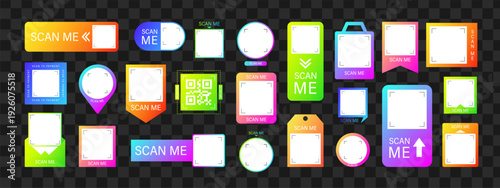 Scan me Frame. Gradient QR code stickers with text. Online payment. set of Vector illustration in flat style