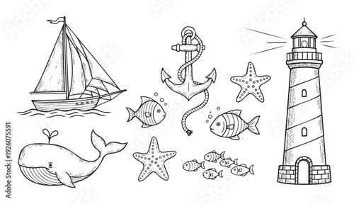Detailed black and white line drawings depicting a majestic whale, elegant sailboat, sturdy lighthouse, classic anchor, and diverse fish, ideal for marine themed products and educational