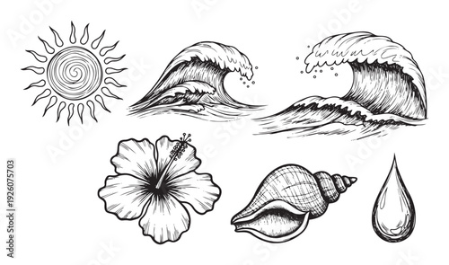 Hand drawn tropical summer motifs including sun, ocean waves, hibiscus flower, seashell, and water drop, suitable for various graphic projects, web assets, and decorative print applications.