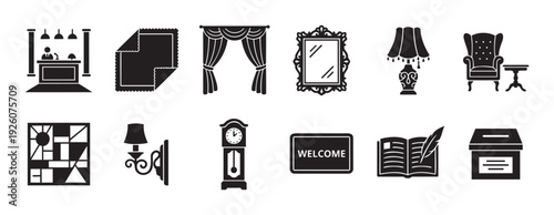 Comprehensive collection of interior decor and public facility black silhouette icons ideal for graphic design projects, educational materials, and web development