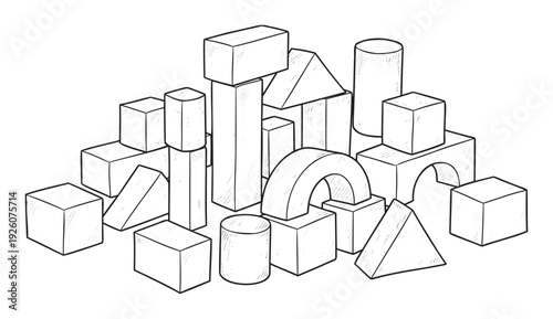 Hand drawn wooden toy blocks stacked in a playful construction structure, ideal for educational material or childrens learning media development.