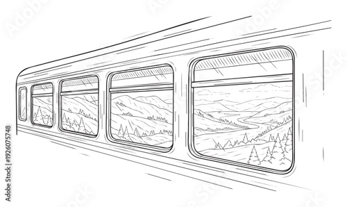 Dynamic line drawing portraying a moving train traversing a picturesque mountain landscape featuring dense forests and a winding river, perfect for travel narratives and adventure themed