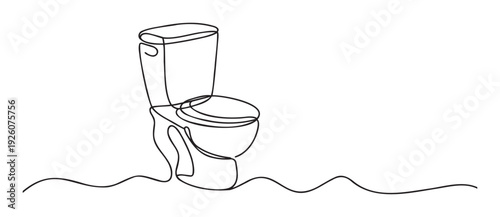 Minimalist single continuous line drawing of a bathroom toilet with an elegant wavy line extending on the ground perfect for plumbing service advertisements or bathroom product promotions