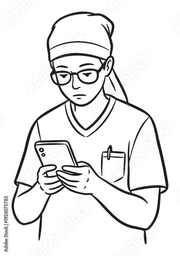 Person wearing glasses and a scrub cap intently using a smartphone, suitable for healthcare communication, technology addiction, or professional work life balance discussions