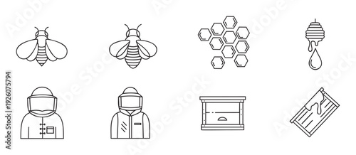 A comprehensive collection of outline icons representing beekeeping essentials including bees, honeycomb, honey dipper, protective suits, and beehives, perfect for agricultural, food, or
