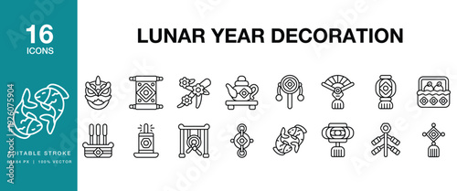Lunar Year Decoration icon set. Includes lunar, new year, decoration, lantern, chinese and More. Editable Stroke Icon Collection.
