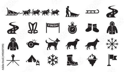 Comprehensive collection of black silhouette icons depicting dog sledding, winter activities, outdoor exploration, and camping elements for illustrating articles, posters, and digital