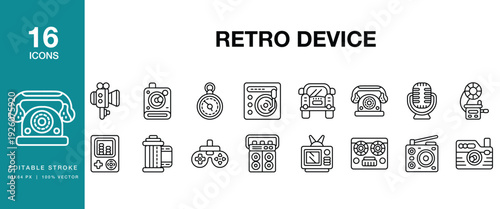 Retro Device icon set. Includes retro, device, vintage, analog, classic, old school and More. Editable Stroke Icon Collection.
