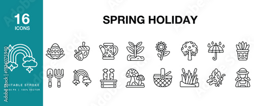 Spring Holiday icon set. Includes spring, holiday, vacation, travel, season, springtime and More. Editable Stroke Icon Collection.