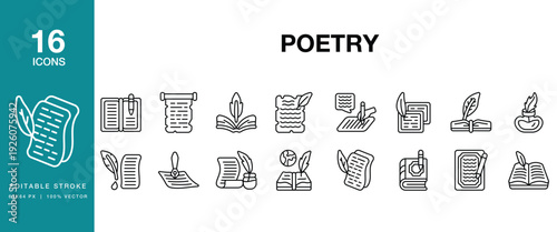 Poetry icon set. Includes poetry, poem, poet, literature, writing, reading and More. Editable Stroke Icon Collection.