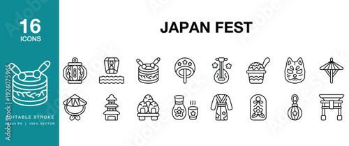 Japan Fest icon set. Includes japan, festival, japanese, matsuri, celebration and More. Editable Stroke Icon Collection.
