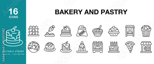 Bakery And Pastry icon set. Includes bakery, pastry, bread, cake, dessert, cookie and More. Editable Stroke Icon Collection.