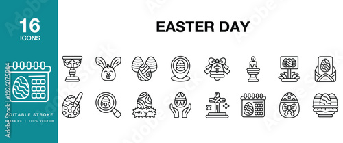 Easter Day icon set. Includes easter, holiday, celebration, spring, christian, church and More. Editable Stroke Icon Collection.