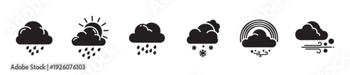 Comprehensive collection of monochrome weather forecast icons depicting various atmospheric conditions like rain, sun, snow, rainbow, and wind, ideal for app interfaces and website graphics.